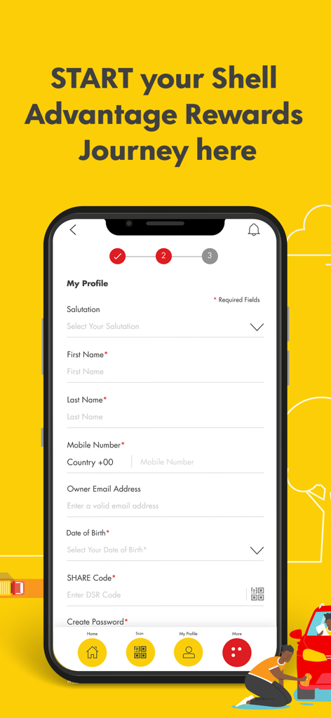 Shell Advantage Rewards(SHARE) - Pantalla de registro de la aplicación Shell Advantage Rewards, mostrando campos de configuración de perfil para propietarios de talleres y mecánicos