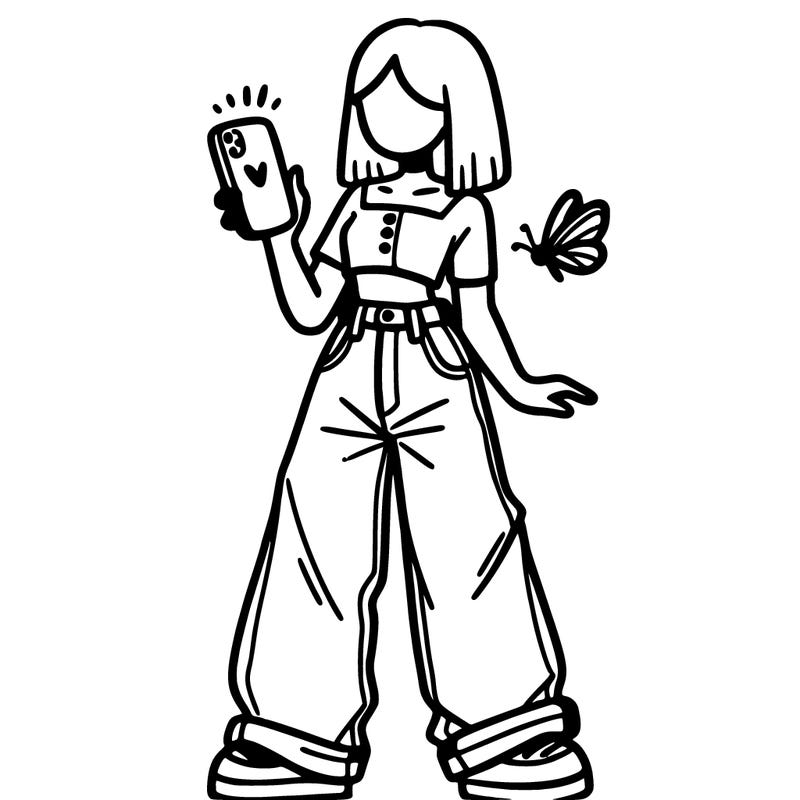 girl in baggy jeans and a butterfly crop top holding her phone