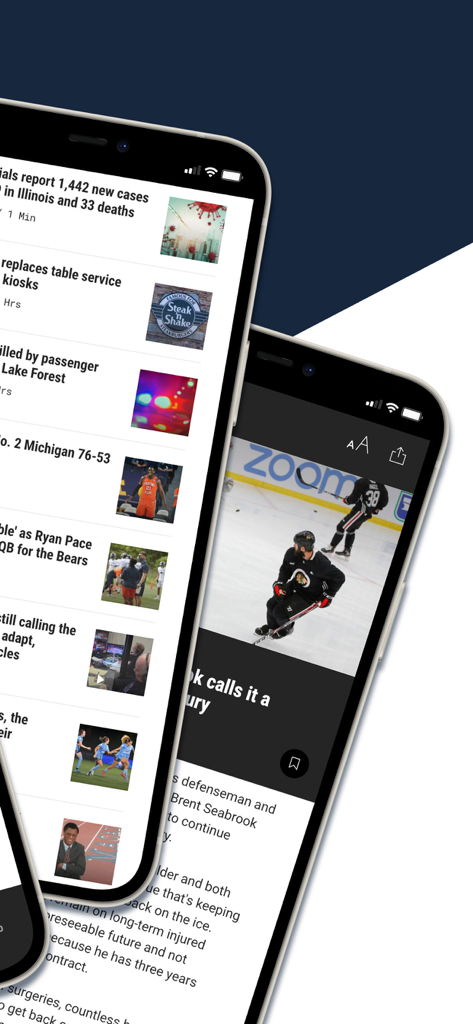 WGN News Chicago mobile app interface showing local news headlines and a sports article.