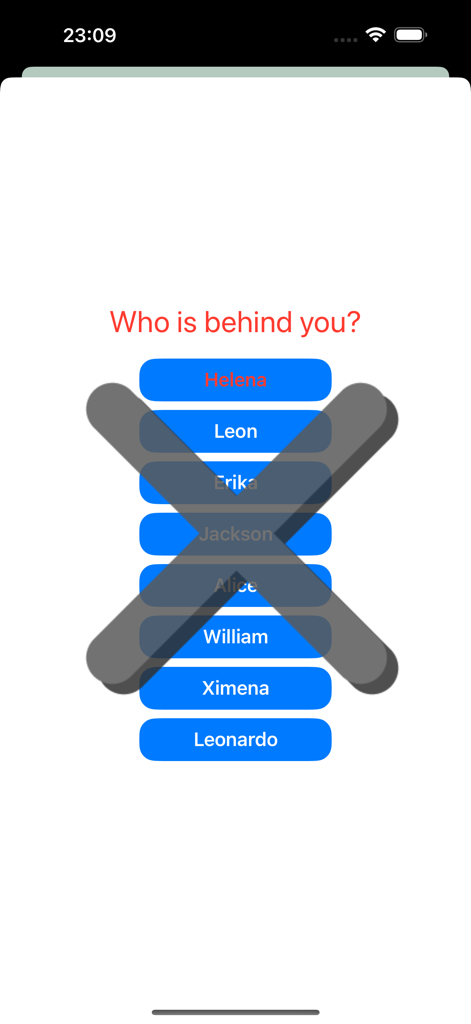 Kagome Kagome - Screenshot showing a list of character names with a large gray X representing an incorrect guess in the Kagome Kagome game.