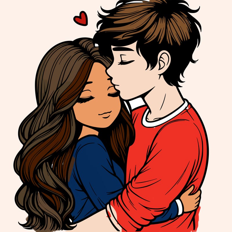 a realistic couple boy and girl hugging and kissing