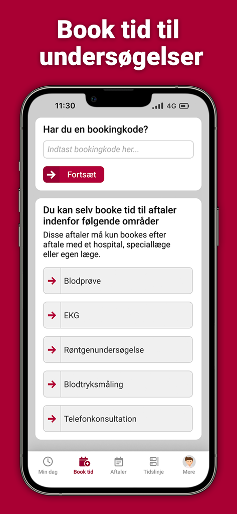 MineAftaler 앱의 모바일 화면에 혈액 검사 및 엑스레이 의료 예약 옵션 표시