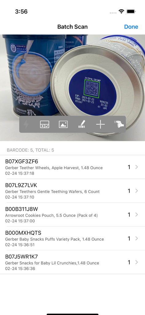 Power Barcode Scanner app interface showing the batch scan feature with a list of scanned baby products and their quantities