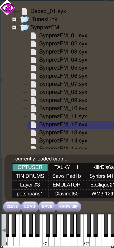 Oberfläche der mobilen App Dexed Synth, die das Sysex-Dateiverzeichnis und geladene Sound-Patches anzeigt