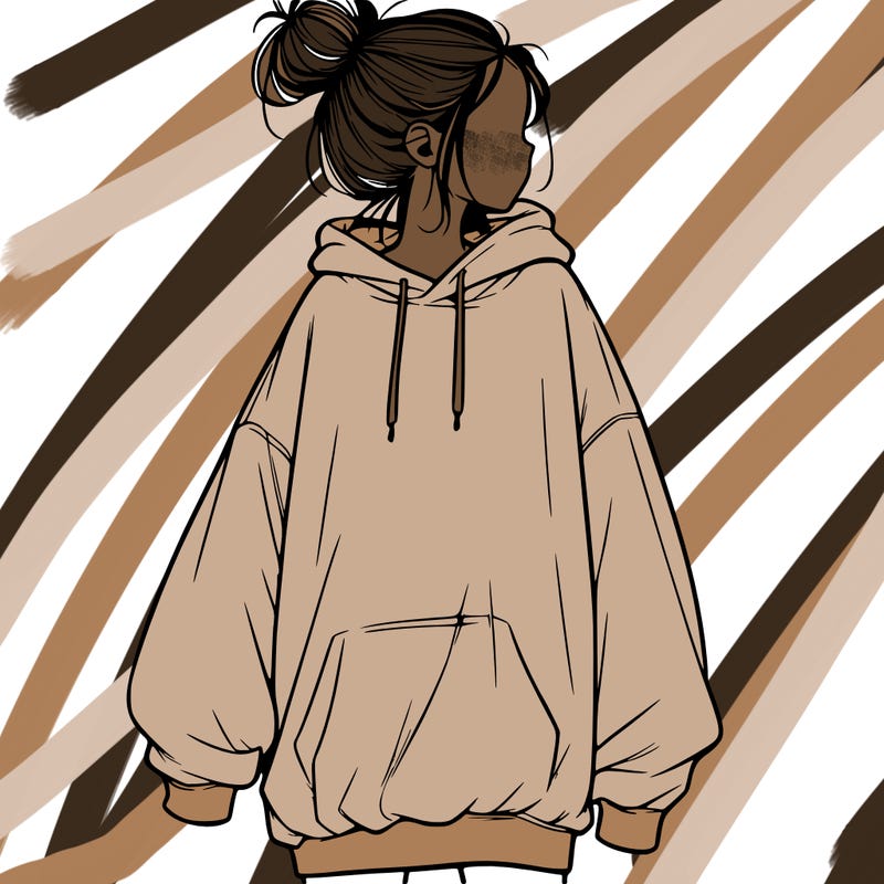 realistic girl with a oversized sweatshirt on and a bun