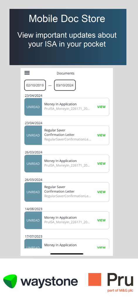 Prudential ISA Mobile - Interface of the Prudential ISA Mobile app displaying a list of unread investment documents and confirmation letters
