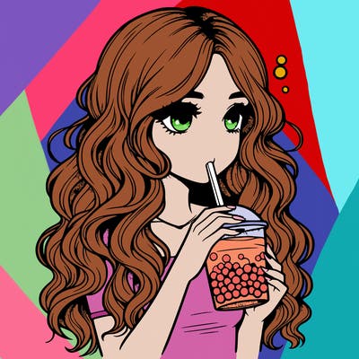 realistic girl drinks bobba with wavy hair