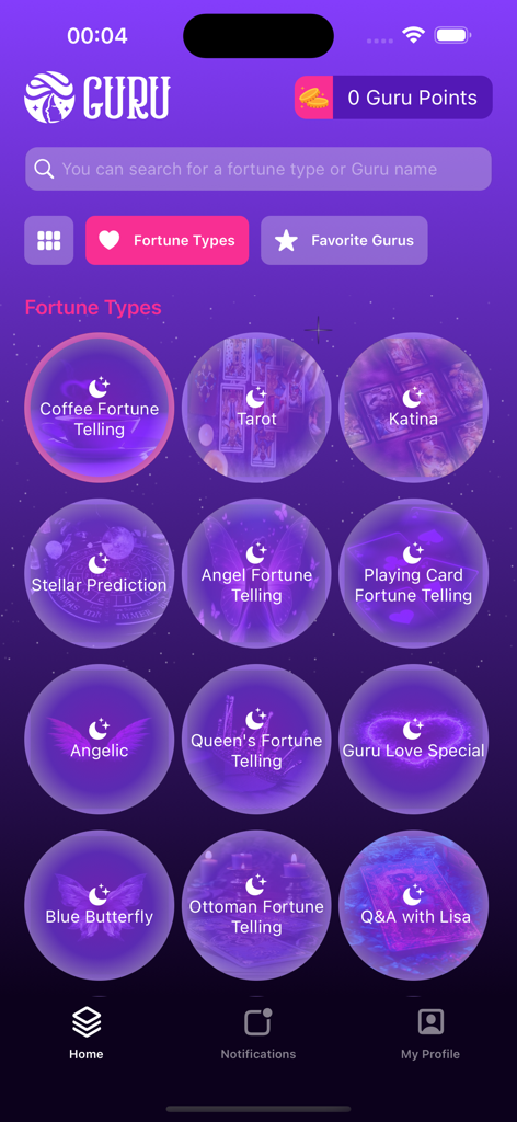 Guru Tarot - Tela inicial do aplicativo Guru Tarot exibindo várias opções de adivinhação como Leitura de Café, Tarot e Predição Estelar com um tema cósmico roxo.