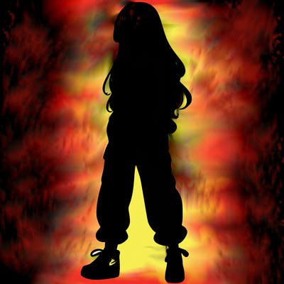 girl in baggy pants crop top and long hair