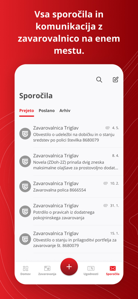i.triglav - The message inbox interface of the i.triglav insurance app displaying policy notifications
