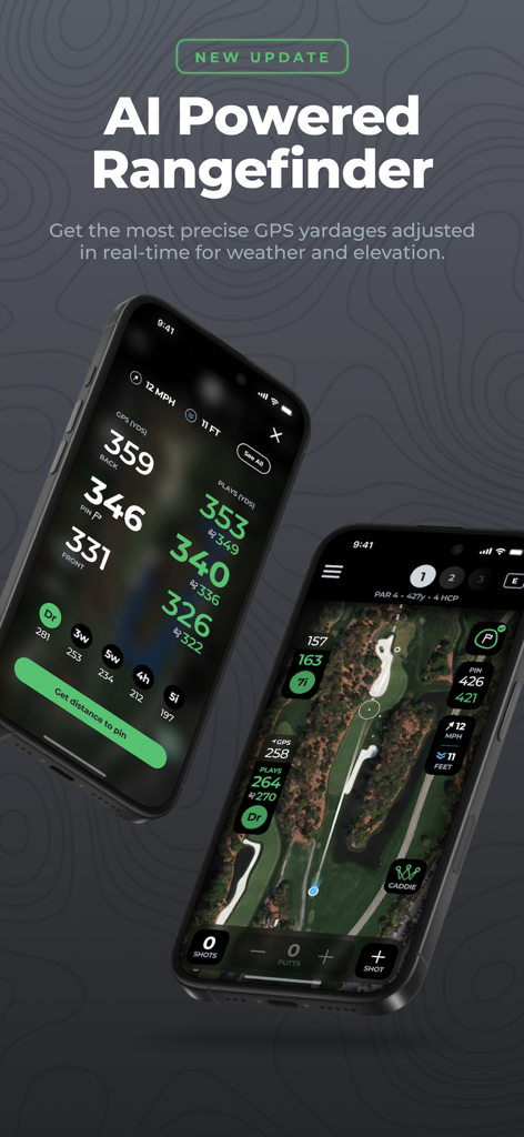 Arccos - Arccos golf app screens displaying the AI powered rangefinder with precise GPS yardages adjusted for weather and elevation