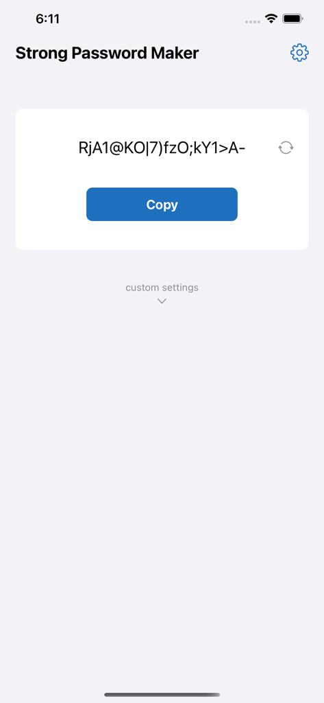 Interface do aplicativo mostrando uma senha aleatória gerada e um botão de cópia