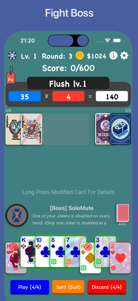 JokerPoker - Balala - In-game screenshot of JokerPoker Balala showing a poker hand calculation during a boss fight with strategic joker cards