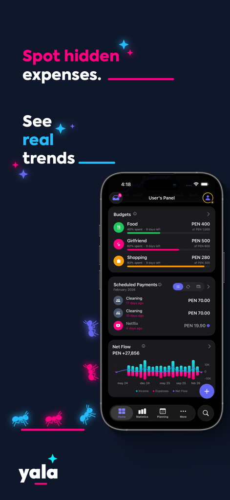 Yala Finanz-App-Oberfläche mit geplanten Zahlungen und Trends bei den Ausgaben