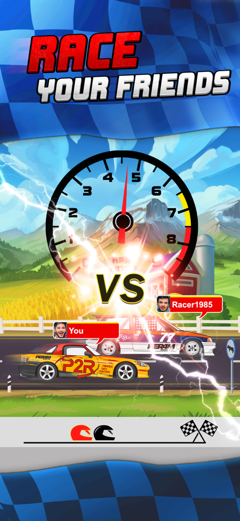 P2R Power Rev Racing - A competitive online drag race in P2R Power Rev Racing showing two JDM cars and a large tachometer.
