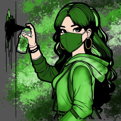 realistic girl with mask spray painting a wall