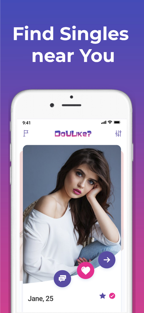Local Dating App - DoULike - DoULike app screen showing a profile and find singles near you text