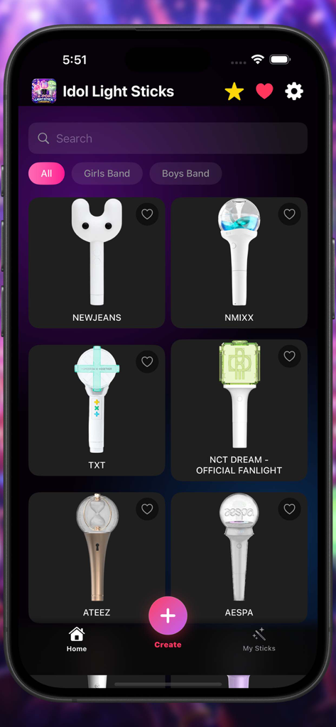 Idol Light Stick Kpop Creator - Eine mobile Oberfläche, die eine Sammlung von Kpop-Leuchtstäben von Gruppen wie NewJeans, NMIXX und TXT zeigt