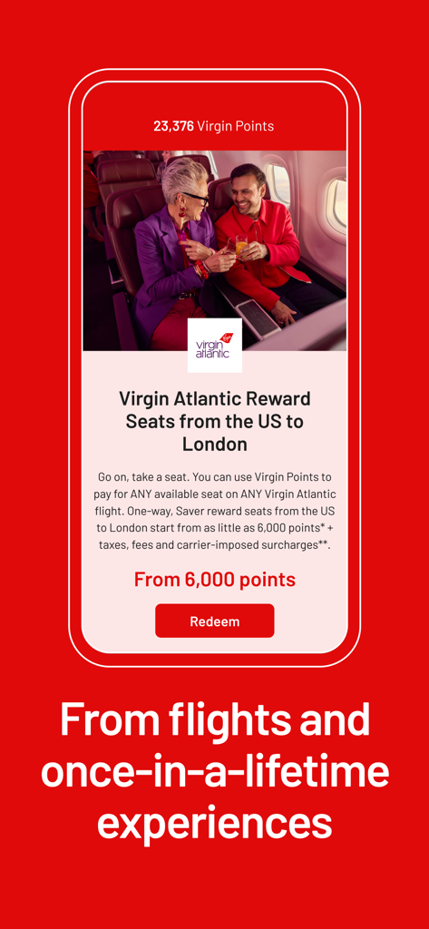 Virgin Red app interface showing Virgin Atlantic reward seats from the US to London starting at 6000 points.