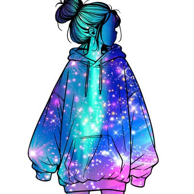 realistic girl with a oversized sweatshirt on and a bun