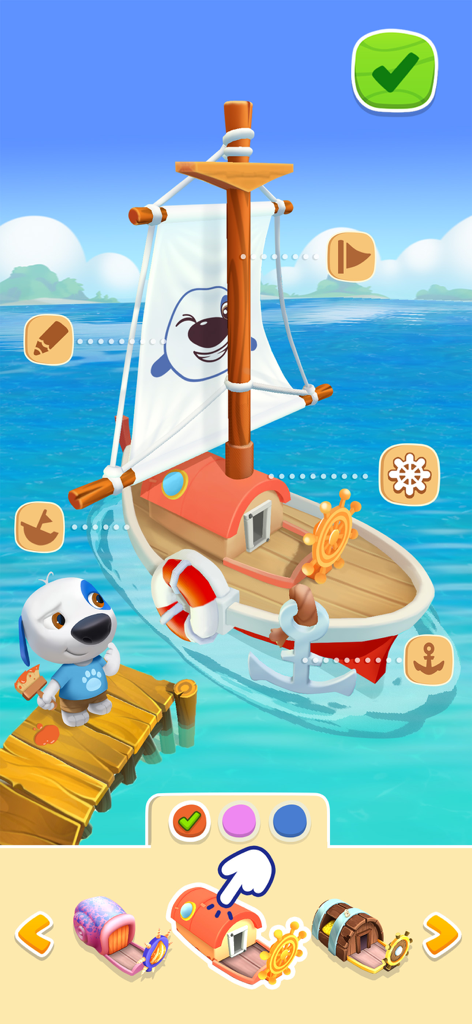 Talking Hank steht auf einem Holzsteg und gestaltet ein buntes Boot in einem tropischen Meer