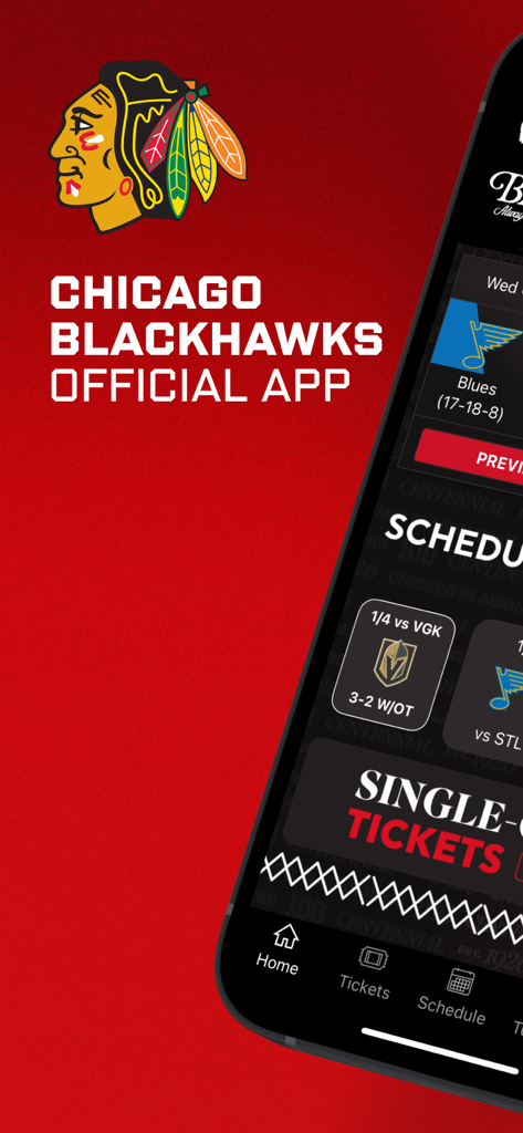 Home screen of the Chicago Blackhawks official app showing the game schedule and ticket management features.