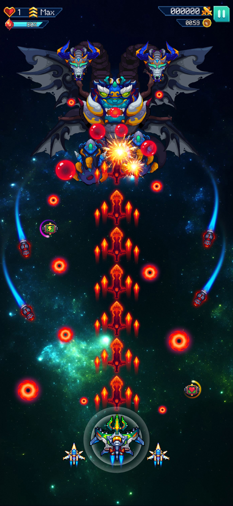 Galaxiga: Classic Arcade Game - A pixel art starship battling a giant three headed dragon boss in a space shooter environment.