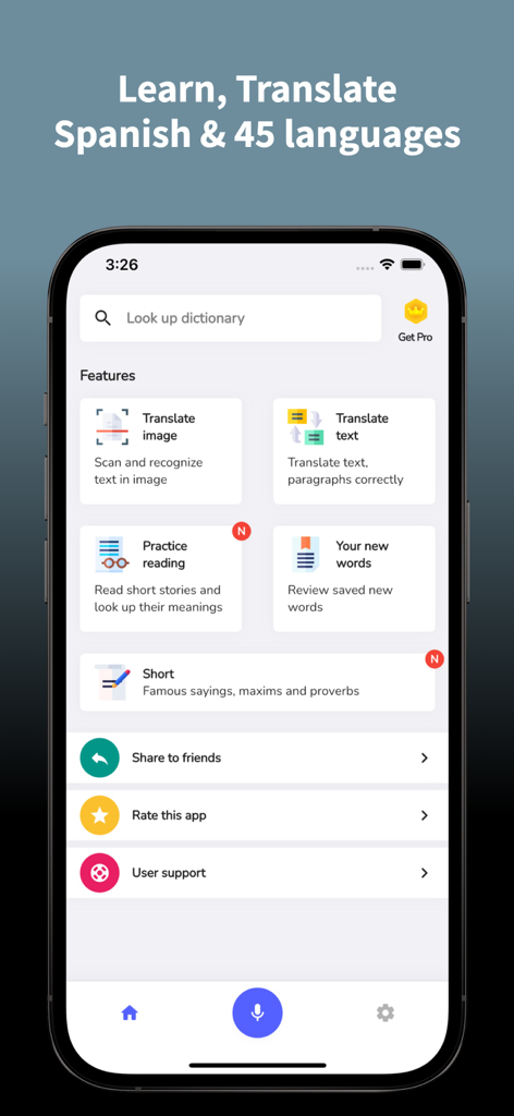 Spanish Translator - EsGot - Haupt-Dashboard der Spanisch-Übersetzer-App EsGot mit Funktionen für Bildübersetzung, Textübersetzung und Lesepraxis