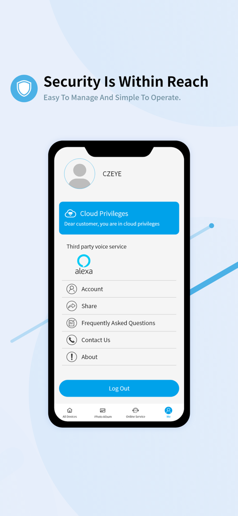 Tris Home - Tris Home app user profile screen showing account settings and Amazon Alexa voice service integration.