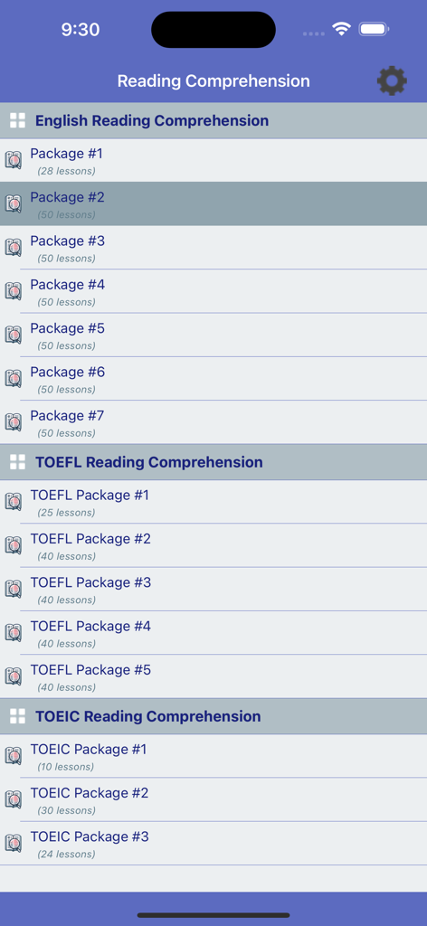 English Reading + - A menu screen of the English Reading plus app showing various lesson packages for English TOEFL and TOEIC reading comprehension practice