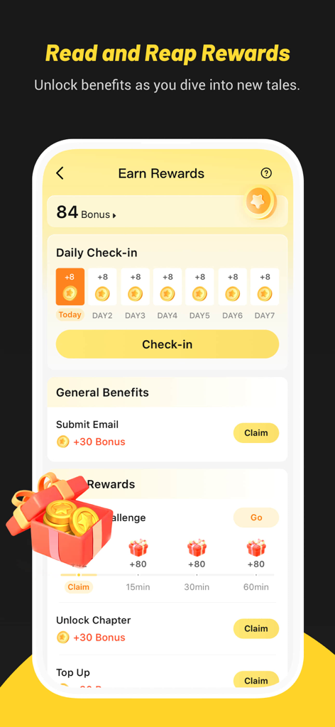 TapRead earn rewards screen with daily check-in and reading bonuses