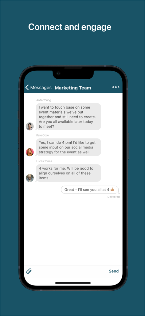 Messaging interface within the ABO-NCLE app showing a professional team chat discussion.