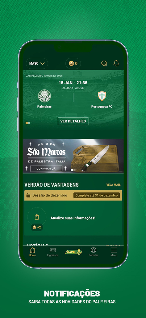 Palmeiras Oficial - Interface of the Palmeiras Oficial app showing match schedules and news notifications