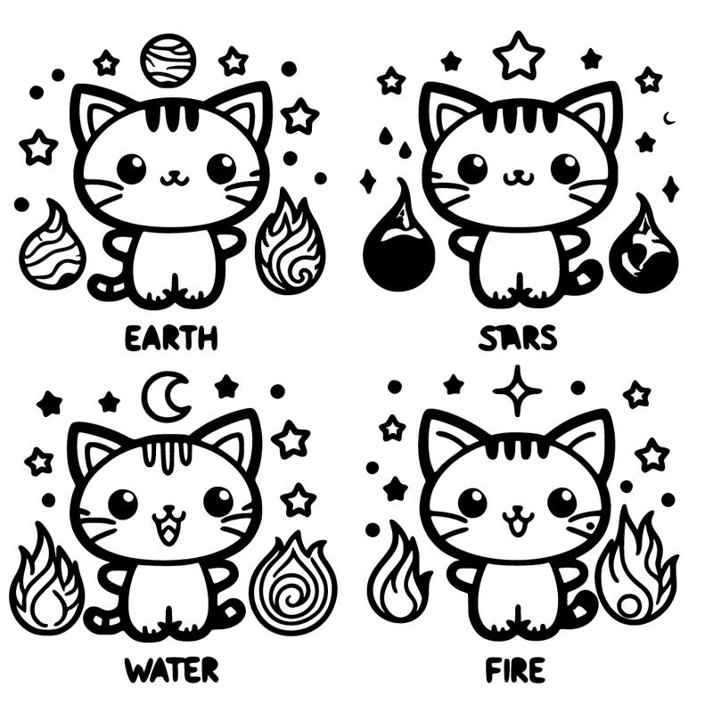 4 cute cats with 4 eloments earth, stars, water,fire