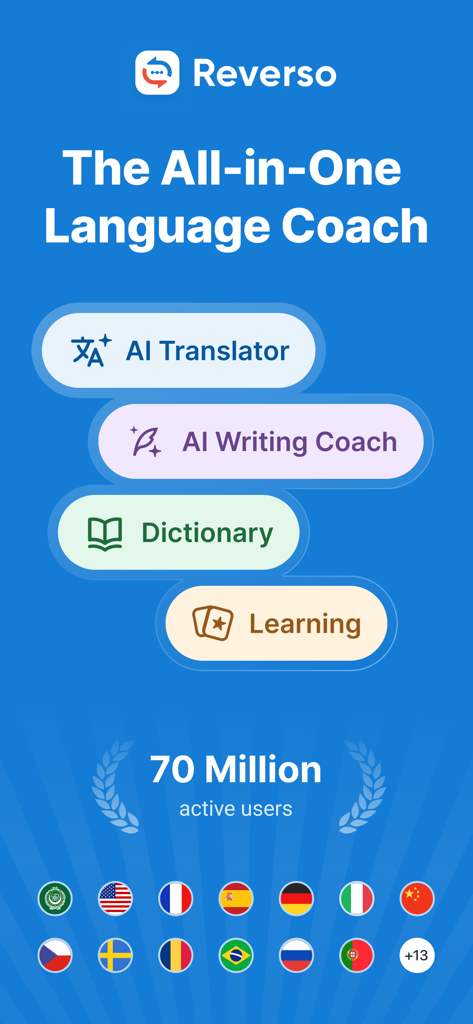 Reverso all in one language coach app showing AI translator and writing coach features