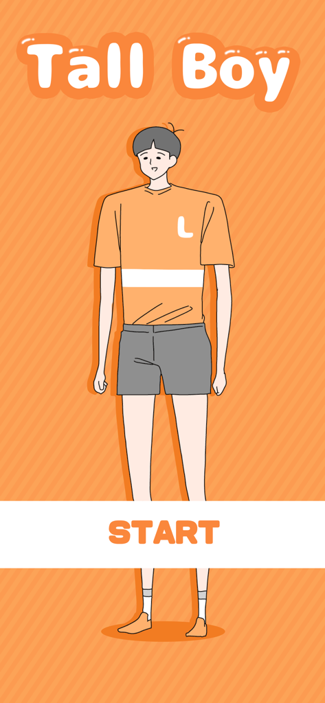 Pantalla de inicio del juego de escape Tall Boy, con el personaje principal y un botón de inicio sobre un fondo naranja.