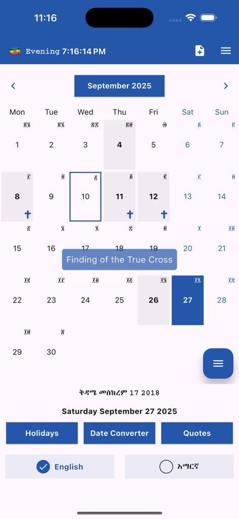 Ethiopian Calendar & Converter - Mobile app interface showing the Ethiopian calendar for September 2025 with religious holidays and date conversion tools.