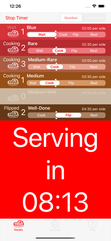 Steak Timer Pro - Steak Timer Pro interface showing multiple steak timers for different doneness levels and a serving countdown