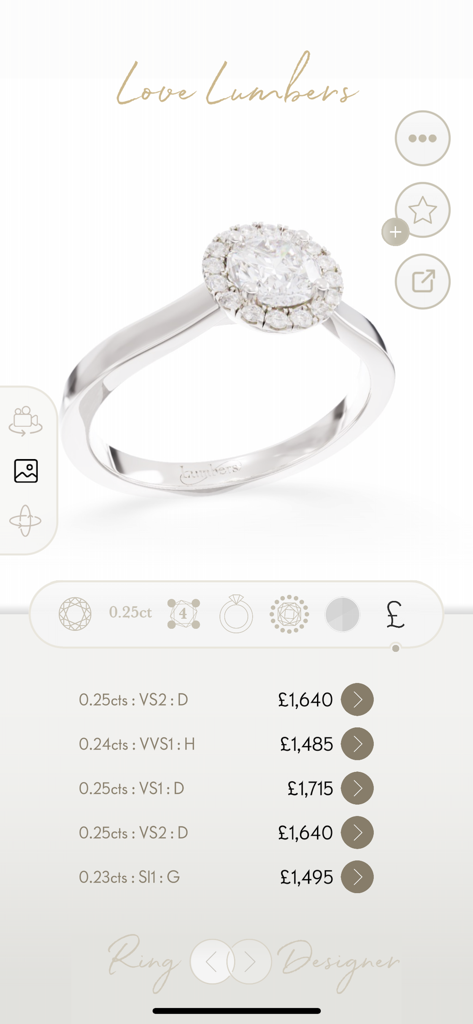 Engagement Ring Designer - Engagement ring designer app interface featuring a diamond halo ring and a list of pricing and stone specifications.