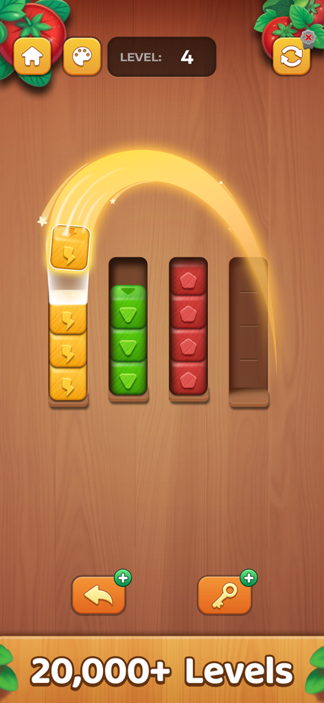 Block Sort: Color Puzzle Games - Interfaz del juego móvil Block Sort que muestra bloques de colores siendo clasificados en contenedores con progreso de nivel