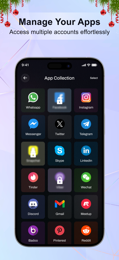 Dual Space: Multiple Apps - Interface of Dual Space app on iPhone showing a collection of social media and messaging apps for managing multiple accounts.