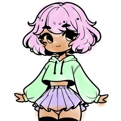 cute femboy with short, fluffy hair that softly frames their face, wearing a cropped hoodie, paired with a flouncy short skirt, and thigh-high stockings