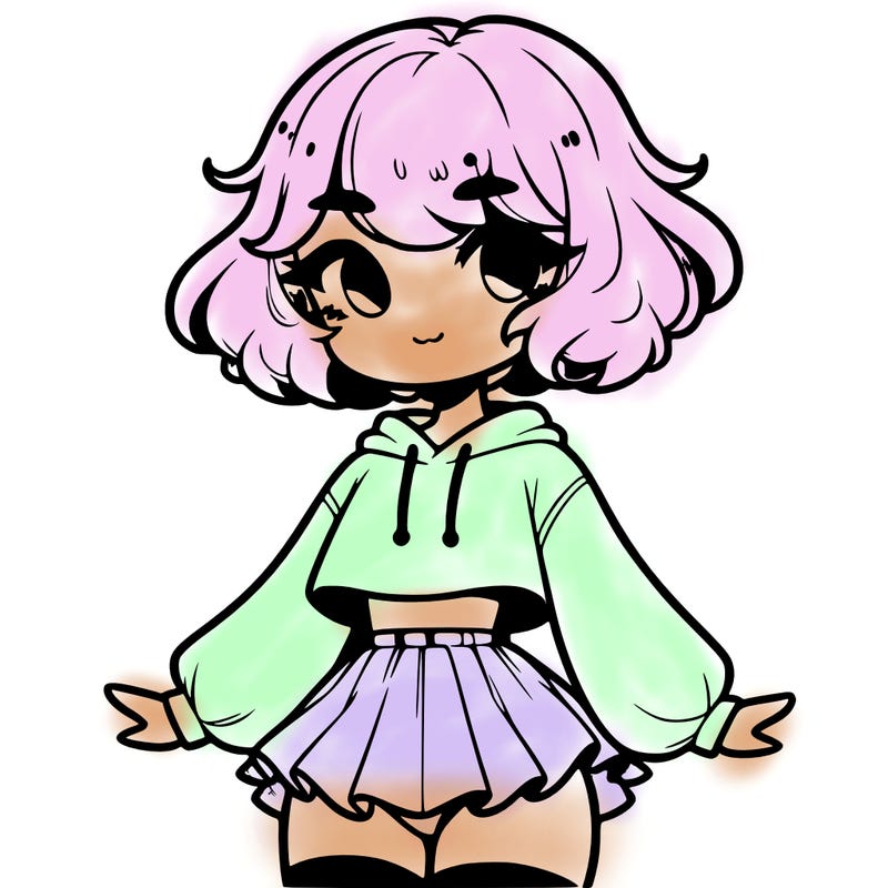 cute femboy with short, fluffy hair that softly frames their face, wearing a cropped hoodie, paired with a flouncy short skirt, and thigh-high stockings