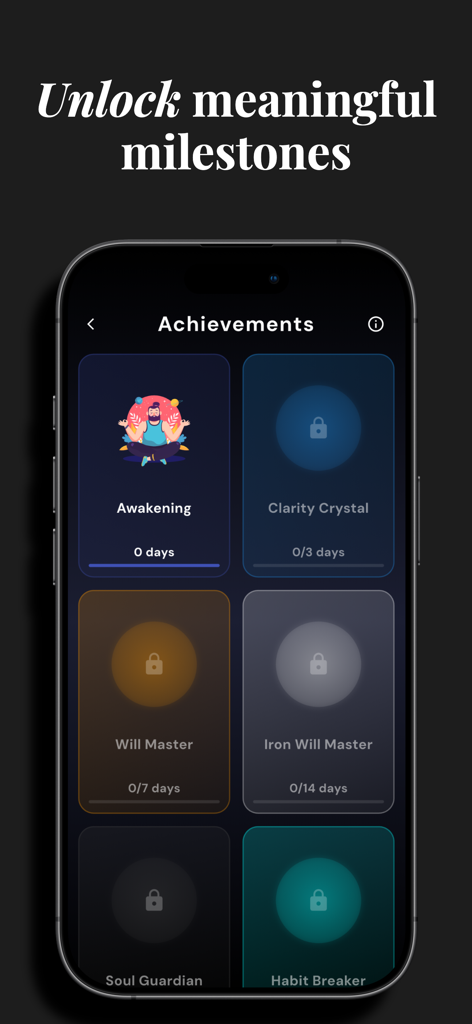UNSHAKEN: Quit Porn Now - Achievements screen in the Unshaken app showing various sobriety milestones and recovery goals