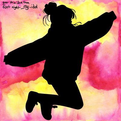 realistic girl jumping with a bun and oversized sweatshirt
