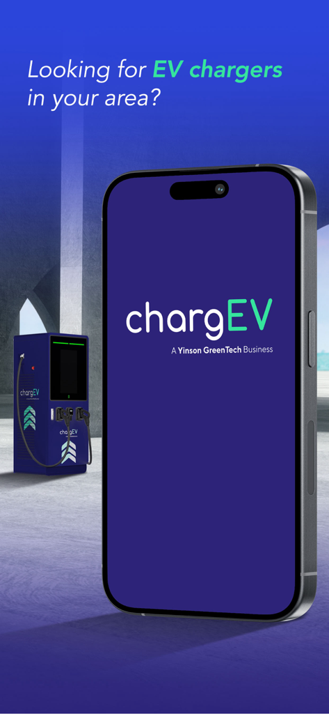 Smartphone displaying the chargEV app logo next to an electric vehicle charging station.