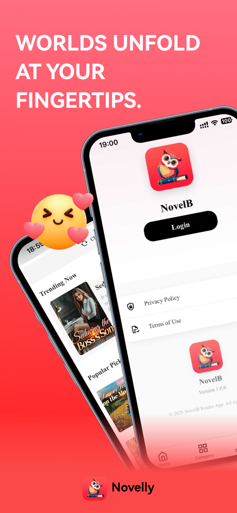 Novelly X - Novelly X mobile app interface showcasing trending romance stories and user login screen