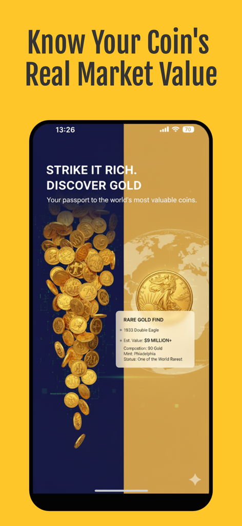 Eine Mobile App-Oberfläche, die den Marktwert einer seltenen Goldmünze Double Eagle von 1933 anzeigt