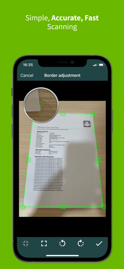 Pantalla de ajuste de bordes en ClearScanner Pro que muestra la detección manual de bordes para el escaneo de un documento.