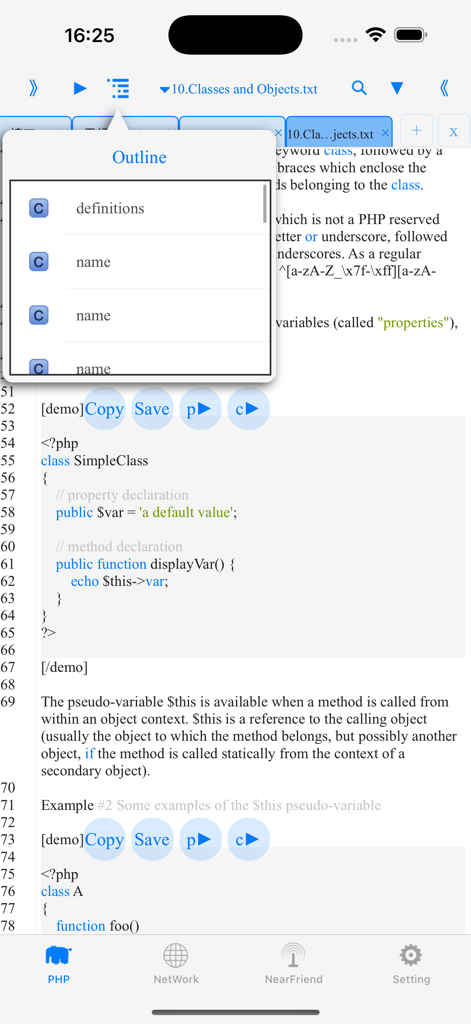 php$ - programming language - Interface of the PHP programming app showing a code outline menu and PHP class definitions.